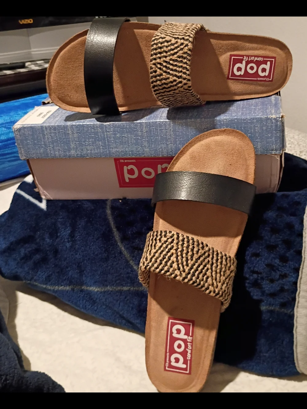 NWB POP Comfort Fit Women’s Black and Natural Woven Slide Sandals Size 9.5